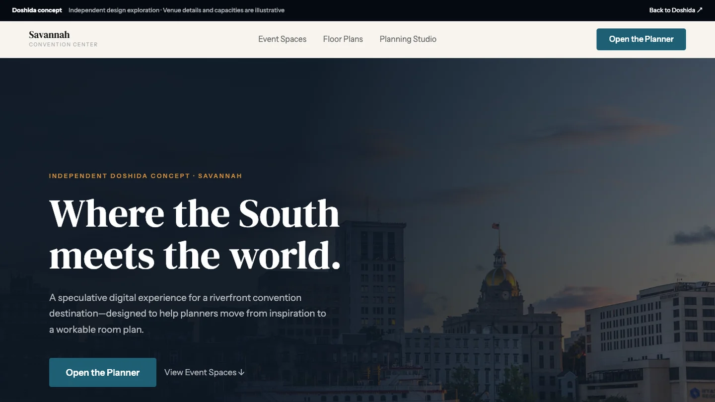 Savannah Convention Center independent website concept with a riverfront hero and interactive planning studio